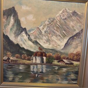 Serene Mountain Landscape Painting with Gold Frame